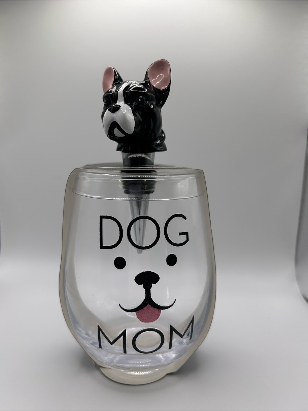 NEW Dog Mom Wine Stemless Glass with Black French Bulldog Bottle Stopper - Picture 1 of 1